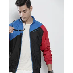 The Indian Garage Co Men Blue & Black Colourblocked Windcheater Outdoor Open Front Jacket-picture-38