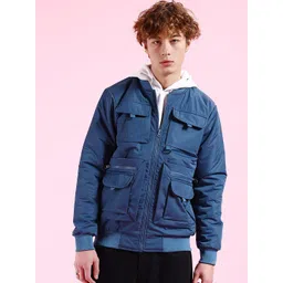 The Indian Garage Co Men Blue Longline Outdoor Padded Jacket with Patchwork-picture-20