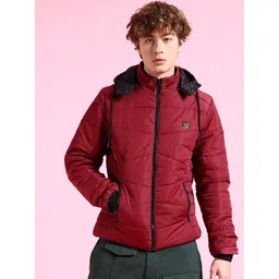 The Indian Garage Co Men Burgundy Striped Longline Outdoor Padded Jacket-picture-11
