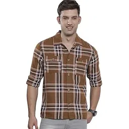 the indian garage co Men Cotton Regular Fit Checkered Full Sleeves Convertible Collar Double Flap Pocket Street Wear Over Shirt-picture-49