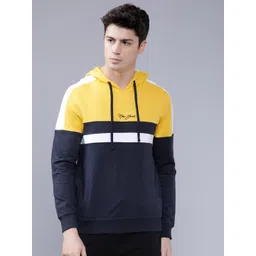 The Indian Garage Co Men Navy Blue & Yellow Colourblocked Hooded Sweatshirt-image-26