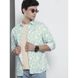 The Indian Garage Co Men Off White & Mint Green Slim Fit Tropical Printed Cotton Shirt-picture-25