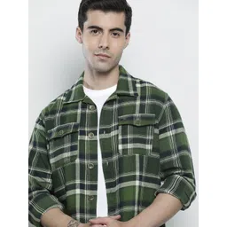 The Indian Garage Co Men Olive Green & White Comfort Checked Cotton Casual Shirt-picture-35