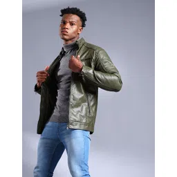 The Indian Garage Co Men Olive Green Solid Biker Jacket-picture-17