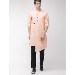 The Indian Garage Co Men Orange Checked Asymmetric Hemline Straight Layered Fusion Kurta-picture-41