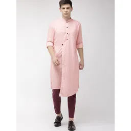 The Indian Garage Co Men Pink & White Checked Straight Asymmetric Kurta-picture-23
