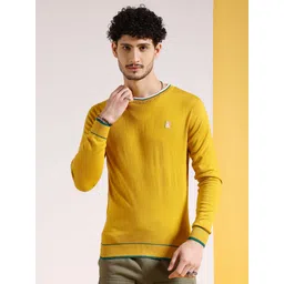 the indian garage co. Men Self Design Crew Neck Yellow Sweater-picture-10