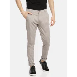The Indian Garage Co Men Taupe Slim Fit Striped Regular Trousers-picture-39