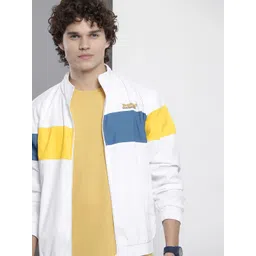 The Indian Garage Co Men White & Blue Striped Windcheater Bomber Jacket-picture-31