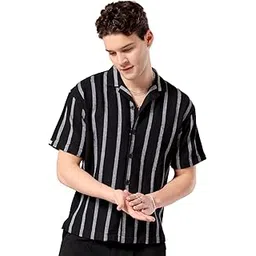 the indian garage co Men's Cotton Relaxed Fit Striped Half Sleeves Cuban Collar Resort Wear Shirt-picture-10