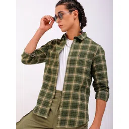 The Indian Garage Co Slim Fit Tartan Checked Spread Collar Pure Cotton Casual Shirt-picture-38