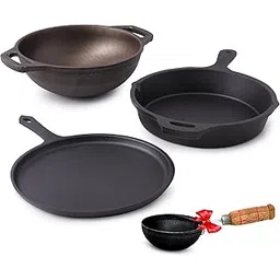The Indus Valley Pre-Seasoned Cast Iron Cookware Set | Tawa(25.2cm), Fry Pan (25cm), Wok Model Kadai (20.8cm) & Tadka Pan (16.4cm) | Kitchen Cooking Combo Pots and Pans Set of 4Pcs Black-picture-40