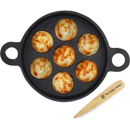 the indus valley Super Smooth Cast Iron Paniyaram Pan with Free Wooden Picker|7 Pit-7.4 inch Paniarakkal Set 0 L capacity 19 cm diameter-picture-11