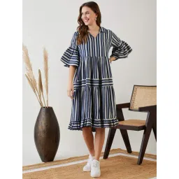 The Kaftan Company Navy Cotton Striped A-Line Dress-picture-11