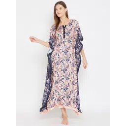 The Kaftan Company Pink & Navy Blue Floral Printed Kaftan Nightdress-picture-17