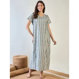 The Kaftan Company White Cotton Regular Fit Geometric SleepwearRobes-picture-19