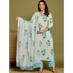The Kapas Women Floral Printed Regular Pure Cotton Kurta with Trousers & With Dupatta-picture-15