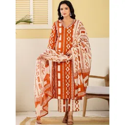 The Kapas Women Printed Regular Thread Work Pure Cotton Kurta with Trousers & With Dupatta-picture-29