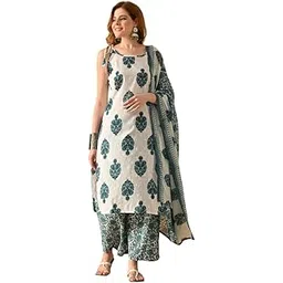 the kurti point Cotton Floral Print Sleeveless Kurta Set with Dupatta, White and Pink, Straight Cut, Round Neck-picture-36