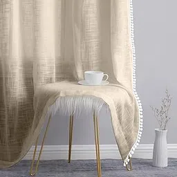THE LINEN COMPANY Cotton Sheer Grommet Curtains with Side Border Pompom Sheer Curtain for Long Door Linen Textured, Light Filtering, Pack of 2 (Natural, 9 Feet)-picture-29