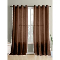 THE LINEN COMPANY Brown & White 2 Pieces Sheer Cotton Linen Window Curtain image 3