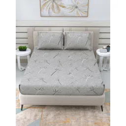 THE LINEN COMPANY Grey Floral 300 TC Queen Bedsheet with 2 Pillow Covers-picture-29