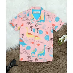 The Lion and the Fish Woven Half Sleeves Dinosaurs & Trees Printed Shirt - Peach-picture-14