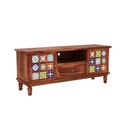 The Little Wood Solid sheesham Wood tv Unit 1 Drawer 2 Door Cabinet Natural Teak Finish Colour Brown image 4