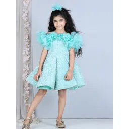 The Lush Affair Girls Net Embellished Printed Flutter Sleeve Fit & Flare Dress-picture-17