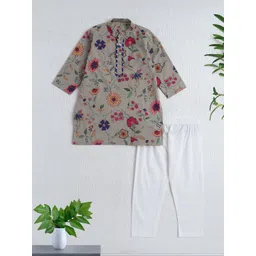 The Magic Wand Boys Floral Printed Mandarin Collar Pure Cotton Kurta With Pyjamas-picture-25