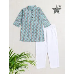 The Magic Wand Boys Floral Printed Mandarin Collar Pure Cotton Straight Kurta With Pyjamas-picture-20