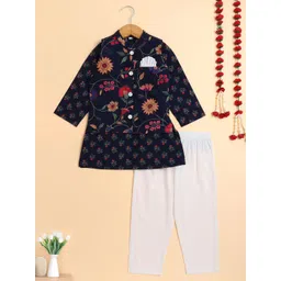 The Magic Wand Boys Floral Printed Mandarin Collar Pure Cotton Straight Kurta With Pyjamas-picture-26