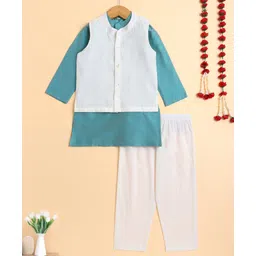 The Magic Wand Cotton Woven Full Sleeves Solid Kurta Pyjama With Modi Jacket Set - Aqua Blue-picture-12
