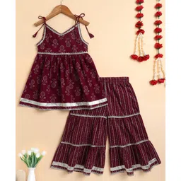 The Magic Wand Cotton Woven Sleeveless Floral Motifs Printed Gota Lace Embellished Kurti Sharara Set - Violet-picture-17