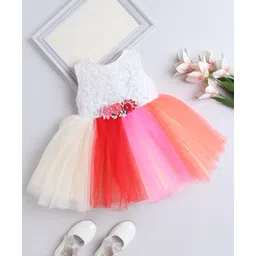 The Magic Wand Sleeveless Floral Applique Detailed Colour Blocked Net Dress - Multi Colour-picture-15