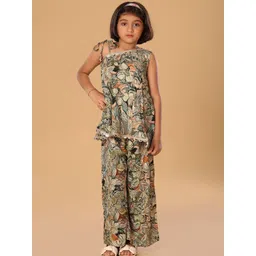The Mini Trunk Girls Floral Printed Off Shoulder Mirror Work A-Line Kurti With Palazzos-picture-34