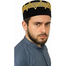 The Miya Store Shami Cap, Black Velvet with Golden Embroidery, Traditional Islamic Topi for Men-picture-20