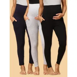 The Mom Store Black & Navy & Grey Cotton Plain Maternity Leggings (Pack of 3)-picture-35