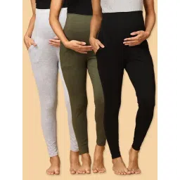 The Mom Store Black & Olive & Grey Cotton Plain Maternity Leggings (Pack of 3)-picture-36