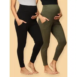 The Mom Store Black & Olive Cotton Plain Maternity Leggings (Pack of 2)-picture-41
