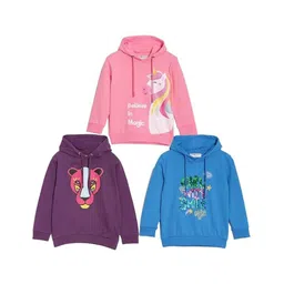 The Mom Store Cotton Blend Knit Pack Of 3 Full Sleeves Animal & Unicorn Printed Light Winter Hooded Sweatshirts - Pink Purple & Blue-image-48