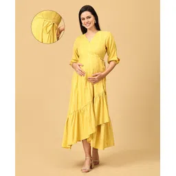 The Mom Store Cotton Blend Three Fourth Sleeves Abstract Printed Maternity Wrap Dress With Zipless Nursing Access - Yellow-picture-21