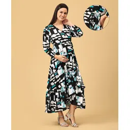The Mom Store Cotton Blend Three Fourth Sleeves Geometric Printed Maternity Wrap Dress With Zipless Nursing Access - Multi Colour-picture-27