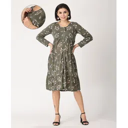 The Mom Store Cotton Full Sleeves Leaves Printed Shirt Style Maternity Dress With Zipless Nursing Access - Olive Green-picture-10