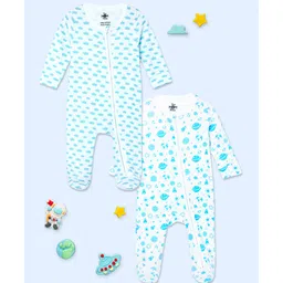 The Mom Store Cotton Knit Pack Of 2 Cotton Full Sleeves Clouds & Space Theme Printed Sleepsuits - White-picture-38