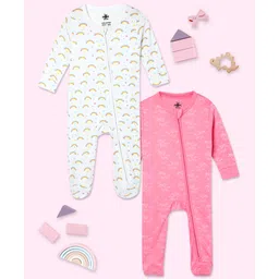The Mom Store Cotton Knit Pack Of 2 Cotton Full Sleeves Unicorn & Rainbow Printed Sleepsuits - Pink & White-image-39
