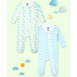The Mom Store Cotton Knit Pack Of 2 Full Sleeves Elephants & Happy Clouds Printed Sleepsuits - Multi Colour-image-11