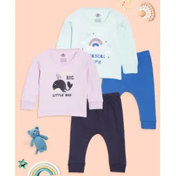 The Mom Store Cotton Knit Pack Of 2 Full Sleeves Whale & Rainbow Printed Tees & Pajamas Set - Multi Colour-image-8