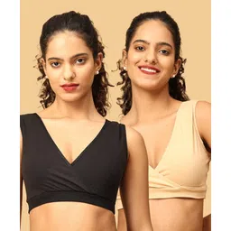 The Mom Store Cotton Knit Pack Of 2 Solid Maternity Nursing Sleep Bras - Black & Beige-picture-31