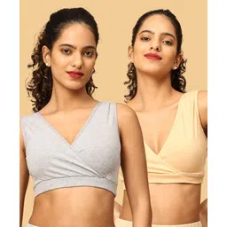 The Mom Store Cotton Knit Pack Of 2 Solid Maternity Nursing Sleep Bras - Grey & Beige-picture-28
